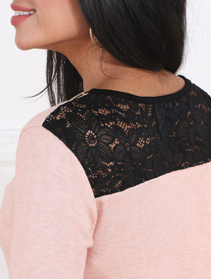Pull à manches retroussables et dentelle - Rose - 6