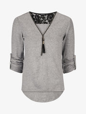 Pull à manches retroussables et dentelle - Gris - 1