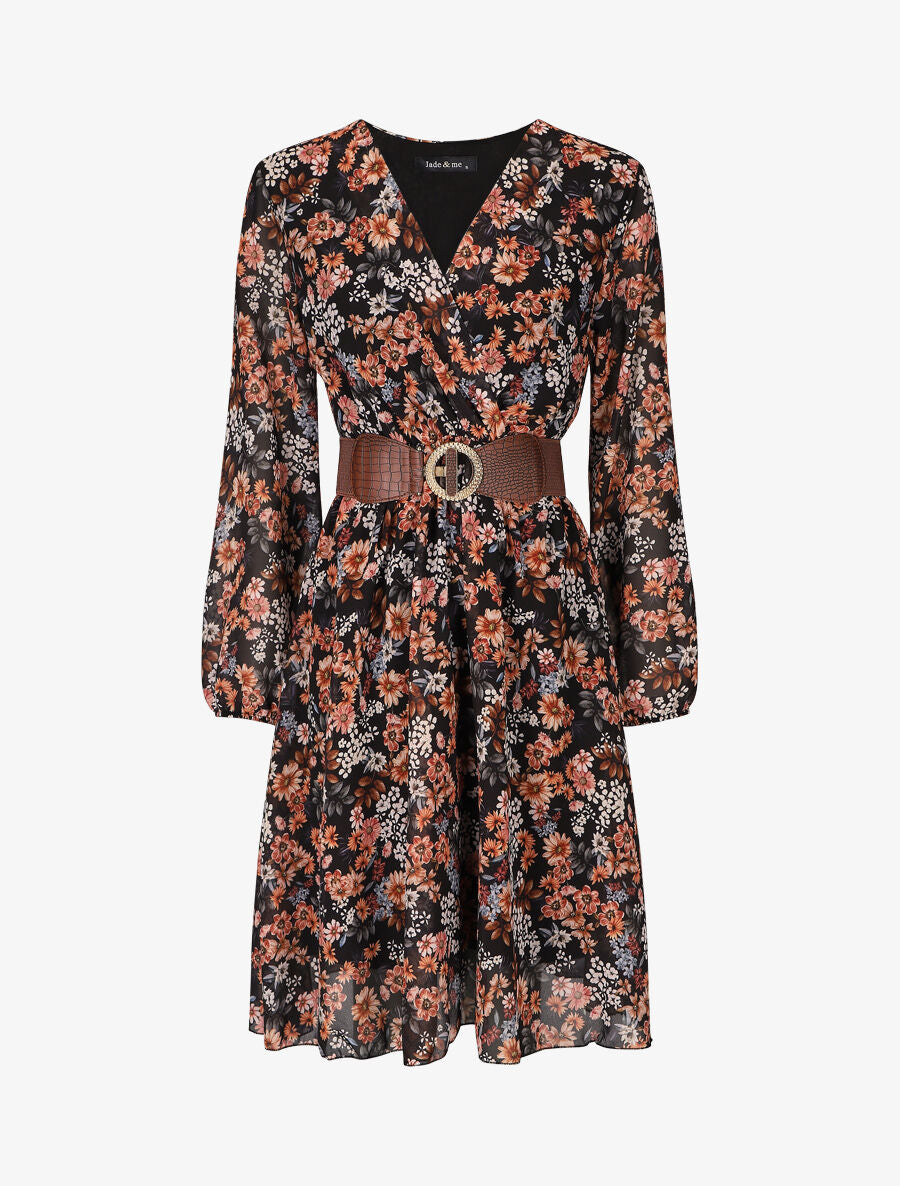 Robe fleuri col cache-coeur - Noir - 5