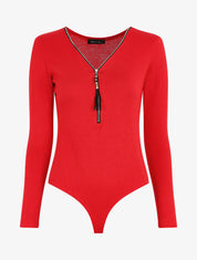 Body en maille uni à col V zippé - Rouge - 1