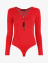 Body en maille uni à col V zippé - Rouge - 1