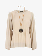 Blouse plissée à manches longues - Beige - 1