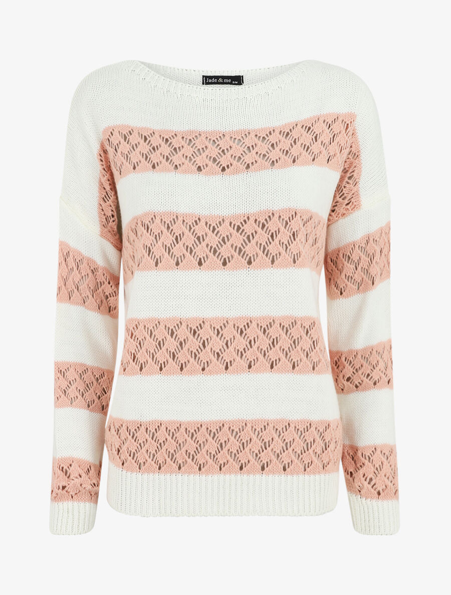 Pull rayé en maille ajourée - Rose - 1