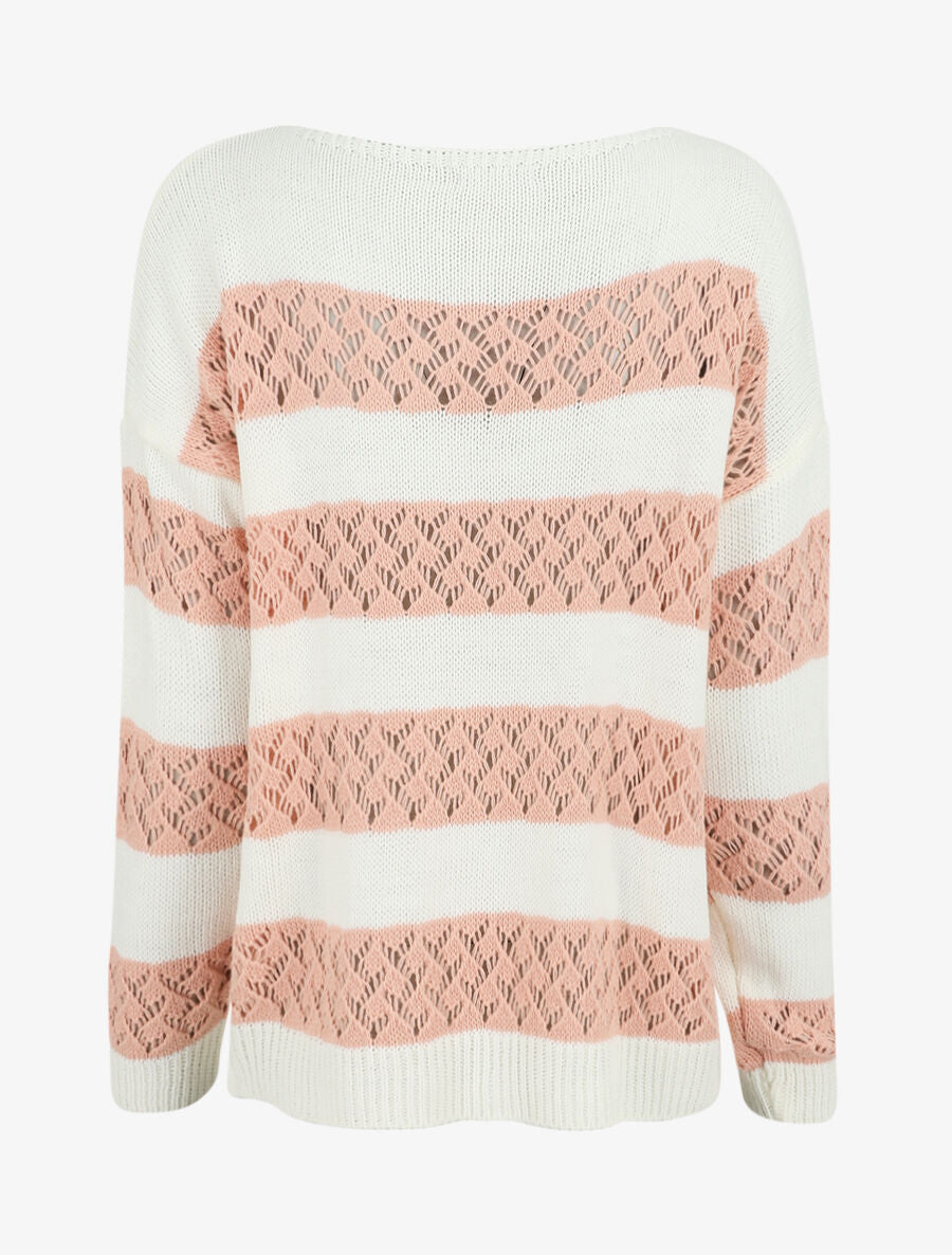Pull rayé en maille ajourée - Rose - 2