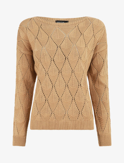 Pull uni en maille ajourée - Camel - 1