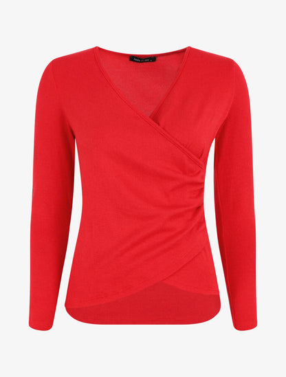 Pull fin à encolure cache-coeur et effet drapé - Rouge - 4