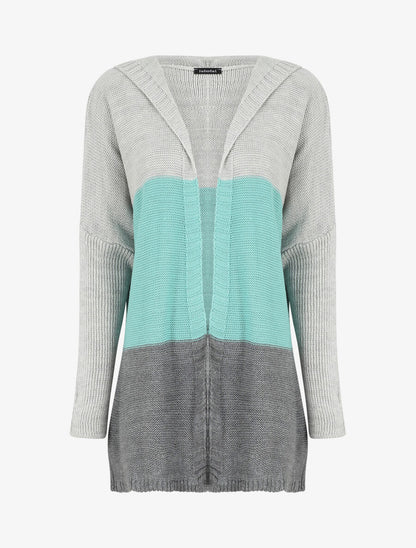 Gilet mi-long rayé à capuche - Bleu clair/gris - 1