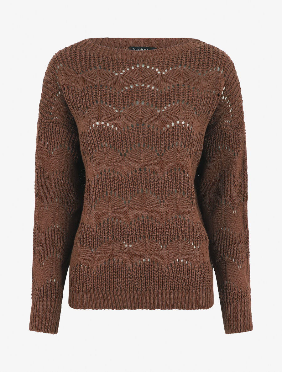 Pull droit uni en maille ajourée - Marron - 1