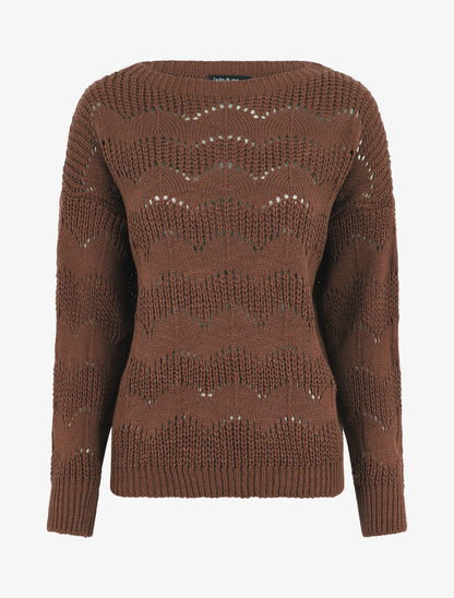 Pull droit uni en maille ajourée - Marron - 1