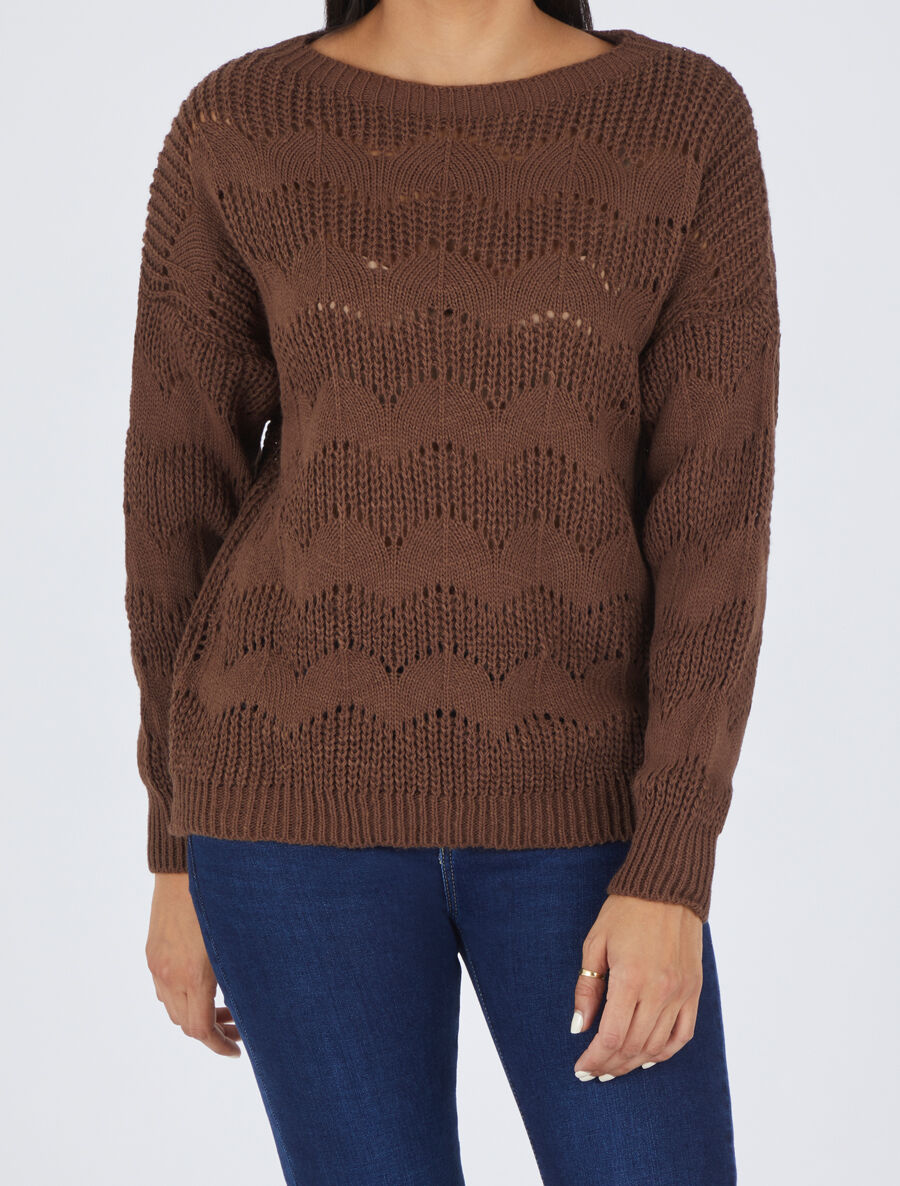 Pull droit uni en maille ajourée - Marron - 4
