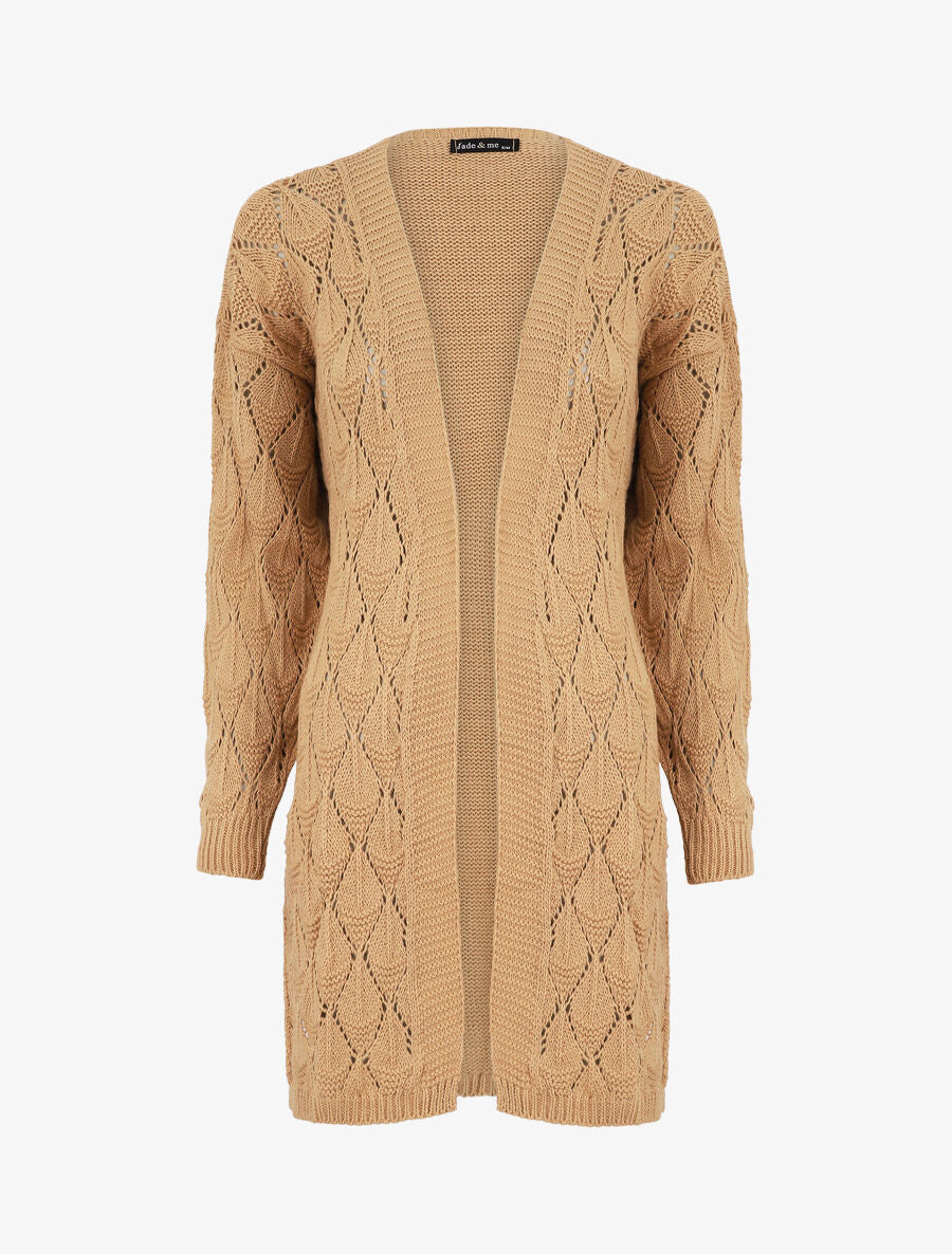 Gilet long uni en maille fine - Camel - 5