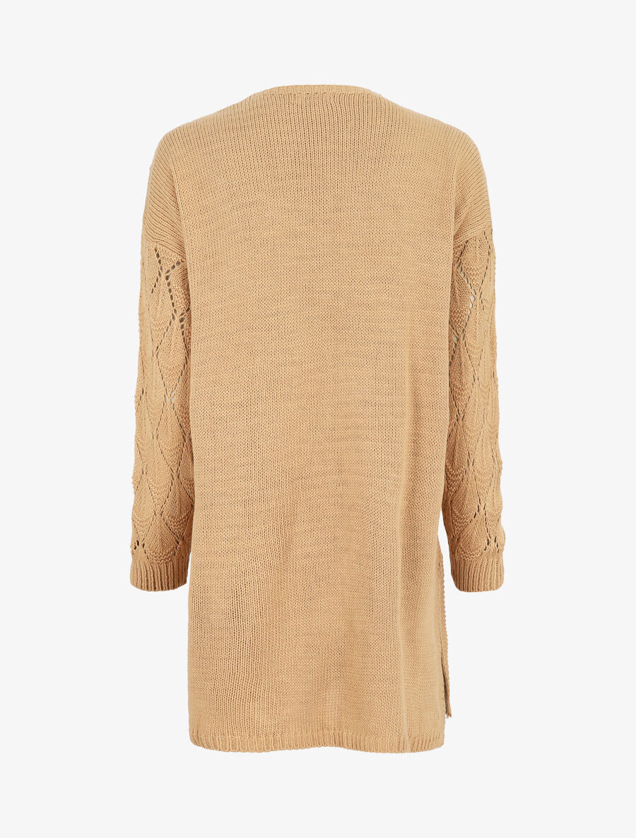 Gilet long uni en maille fine - Camel - 2