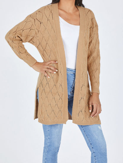 Gilet long uni en maille fine - Camel - 4