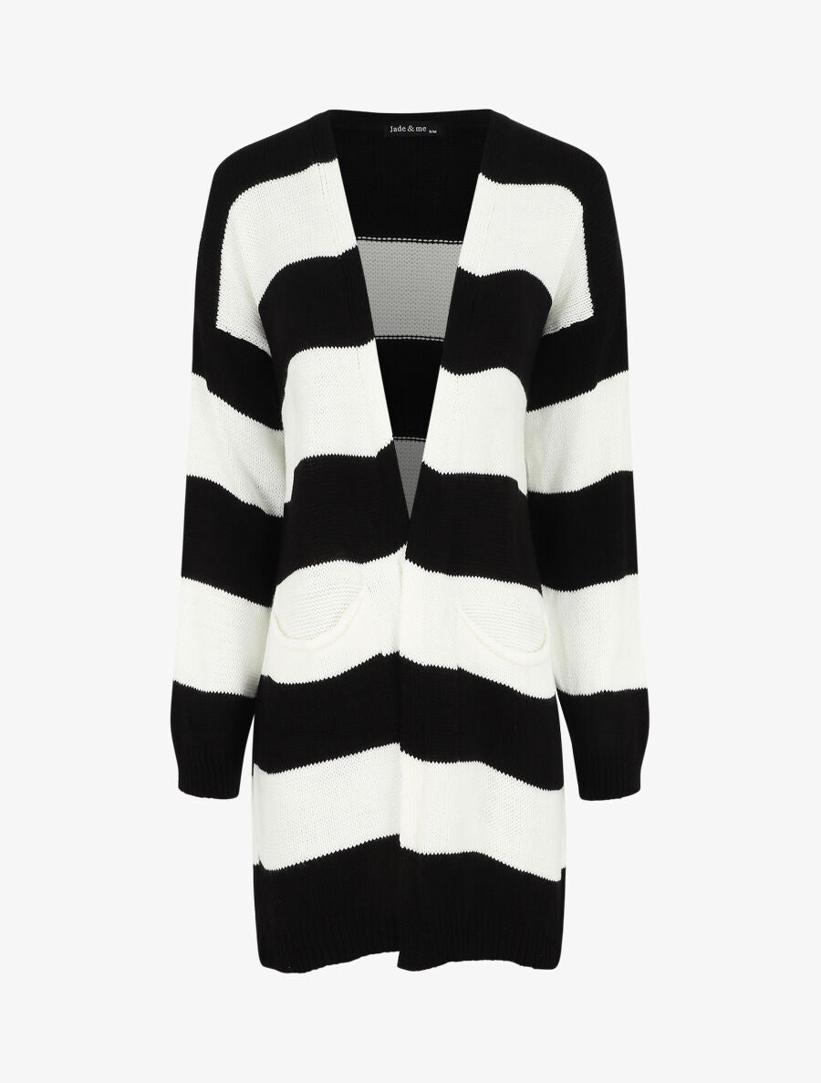 Gilet long ouvert à rayures - Noir - 1
