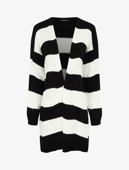 Gilet long ouvert à rayures - Noir - 1