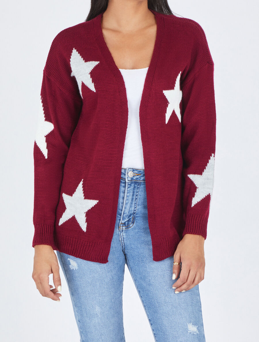 Gilet mi-long ouvert à imprimé étoiles - Bordeaux - 4