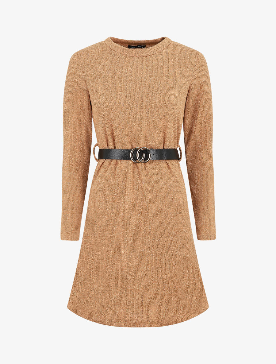 Robe pull droite à manches longues - Camel - 1