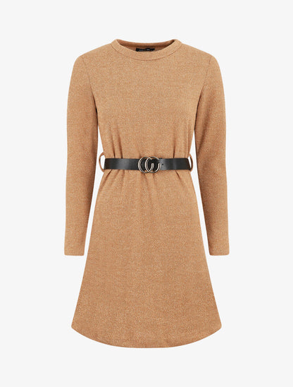 Robe pull droite à manches longues - Camel - 1