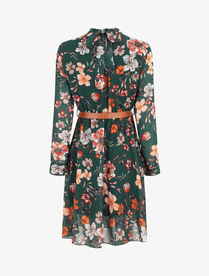 Robe évasée col montant imprimé fleurs sauvages - Vert foncé - 2