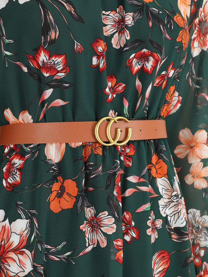 Robe évasée col montant imprimé fleurs sauvages - Vert foncé - 3