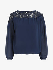 Blouse en voile coupe boule et dentelle - Marine - 4