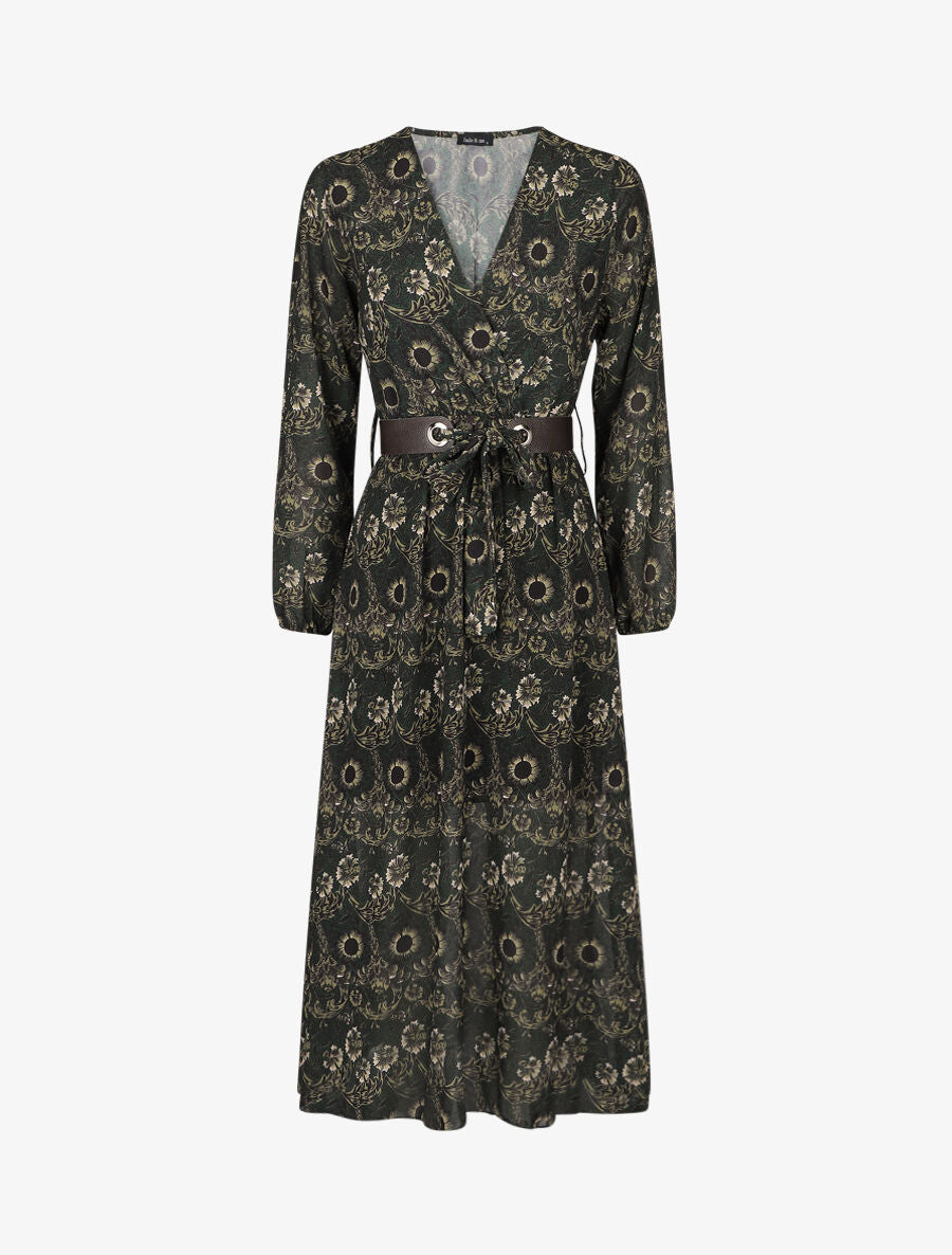 Robe longue empire imprimé fleurs baroques - Vert foncé - 1
