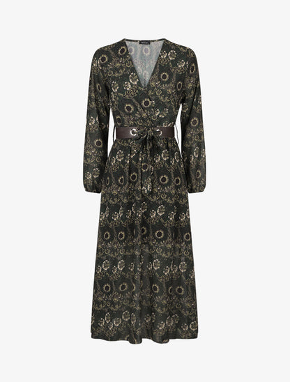 Robe longue empire imprimé fleurs baroques - Vert foncé - 1