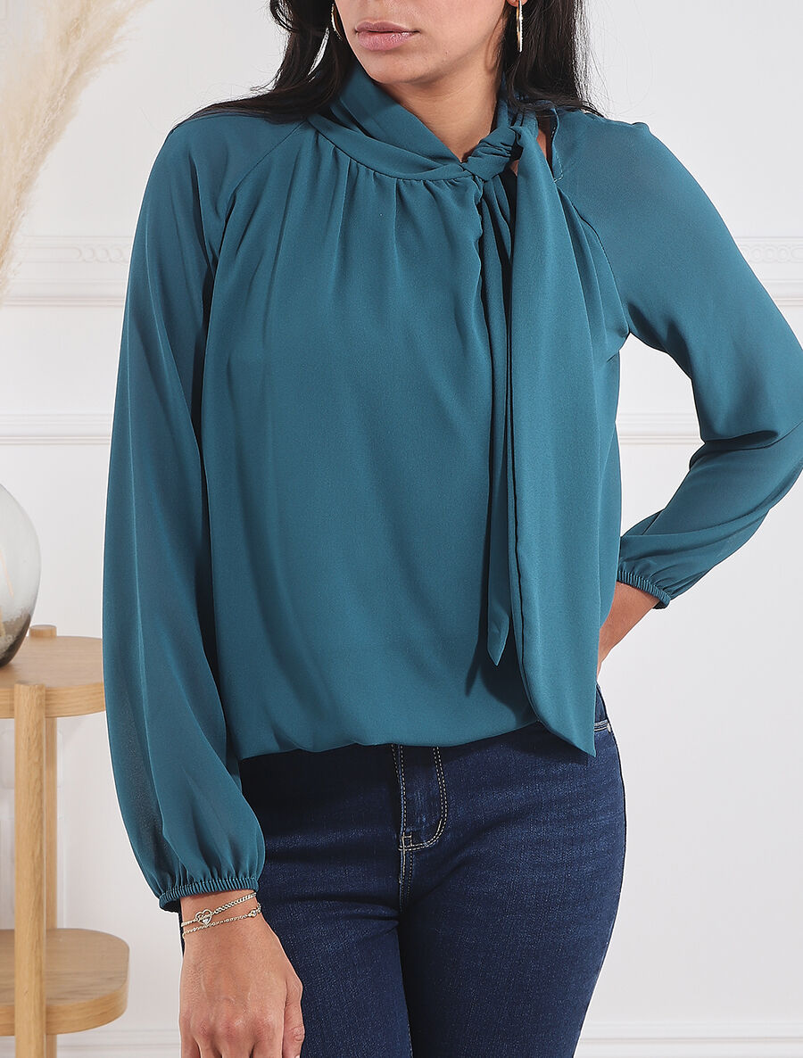 Blouse ample unie col lavallière - Bleu canard - 4