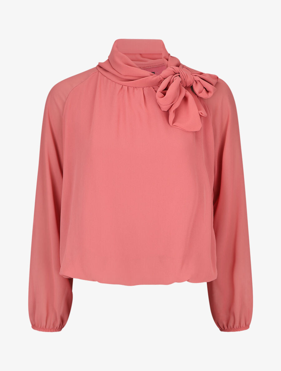 Blouse ample unie col lavallière - Rose - 1