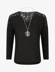 Pull droit à épaules en dentelle - Noir - 1