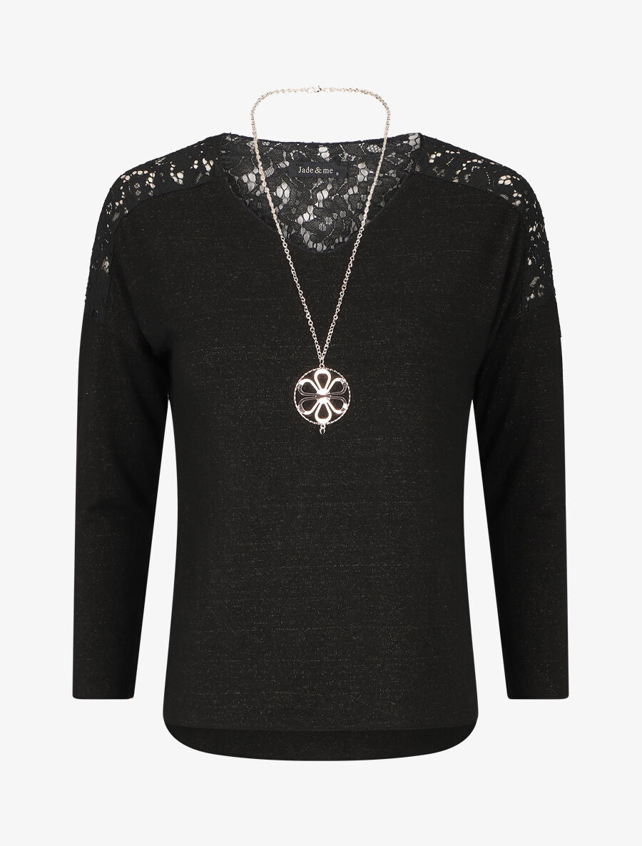 Pull droit à épaules en dentelle - Noir - 1