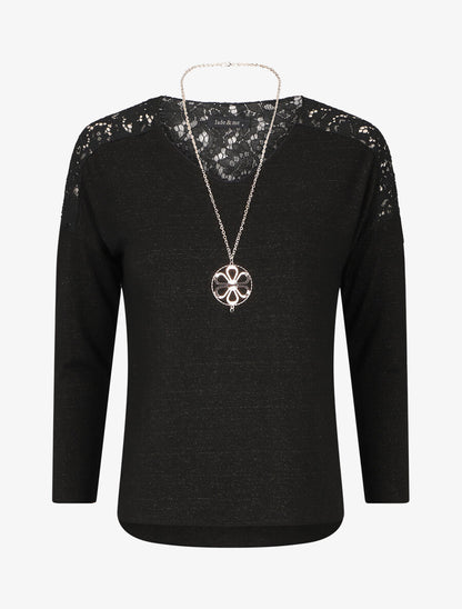 Pull droit à épaules en dentelle - Noir - 1