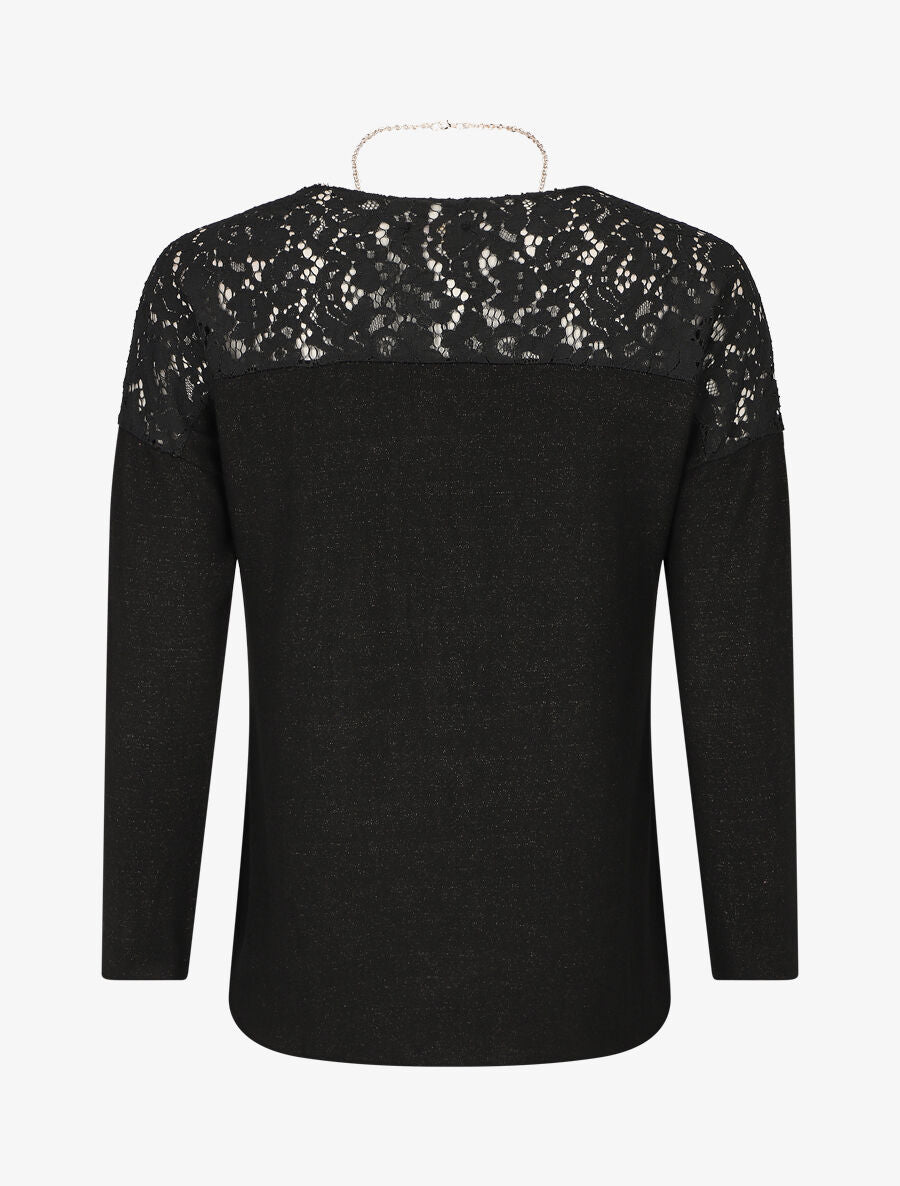 Pull droit à épaules en dentelle - Noir - 2