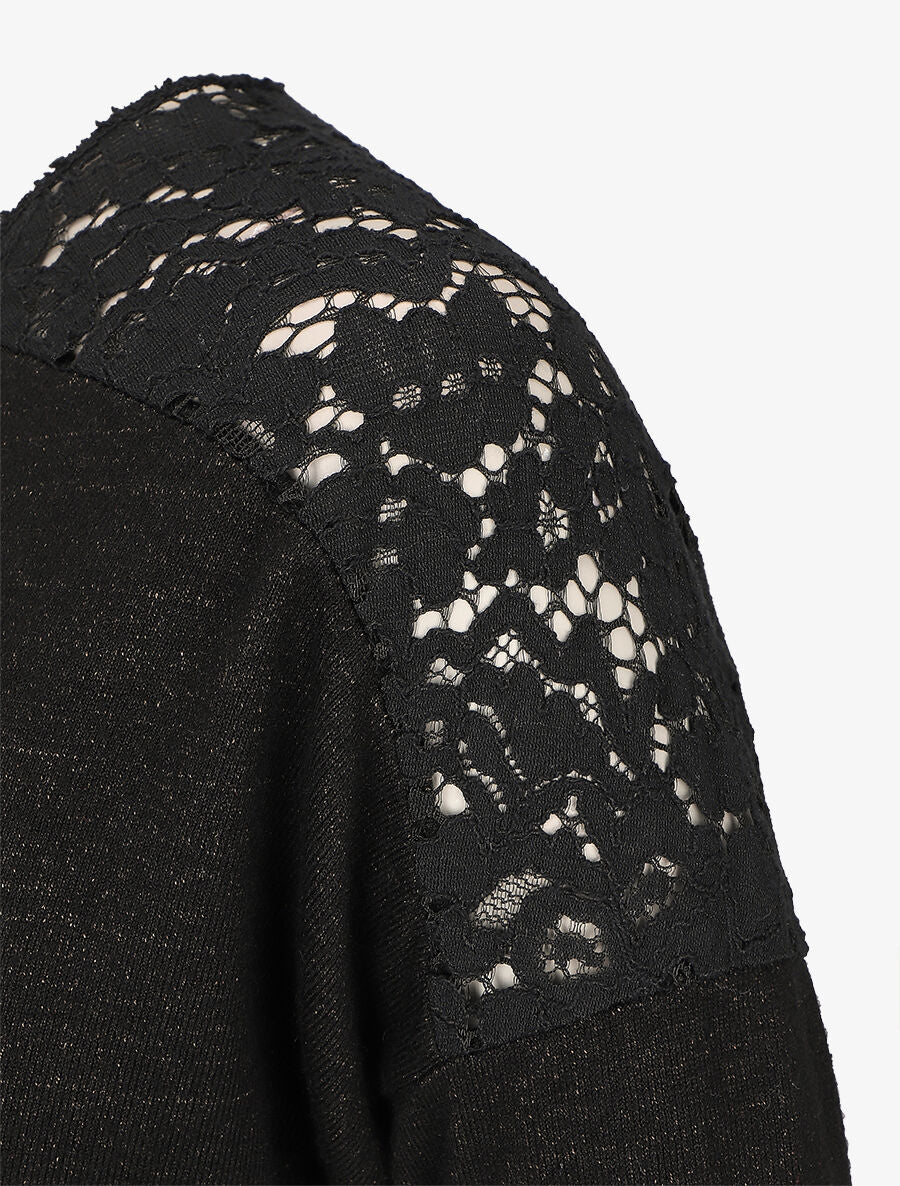Pull droit à épaules en dentelle - Noir - 3