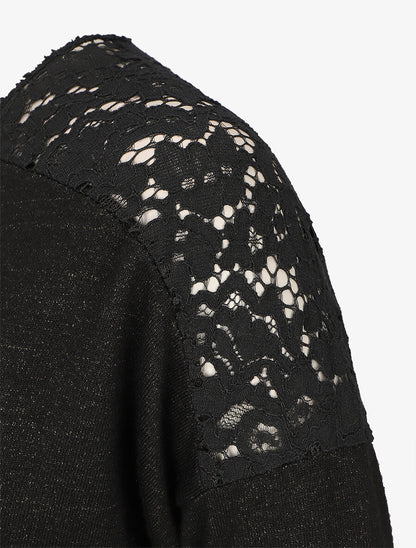 Pull droit à épaules en dentelle - Noir - 3