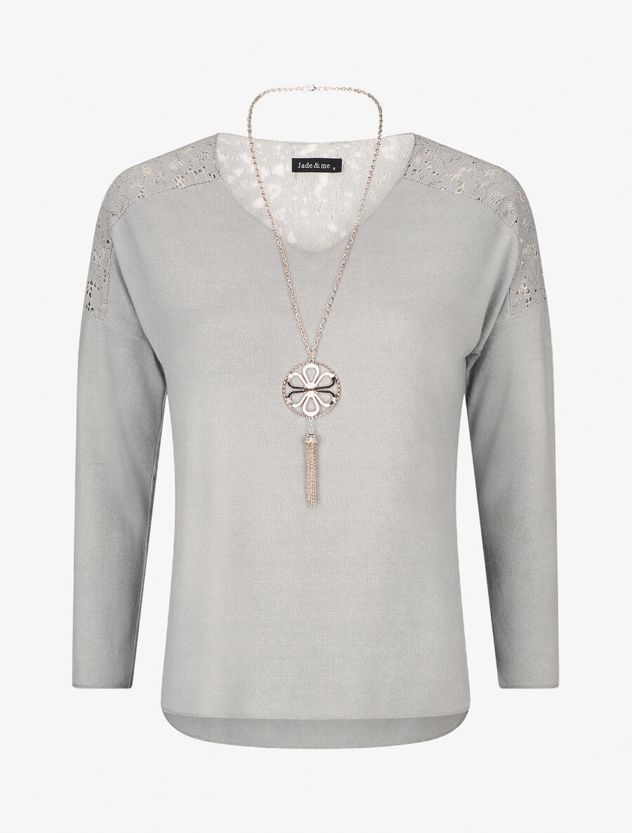 Pull droit à épaules en dentelle - Gris - 5