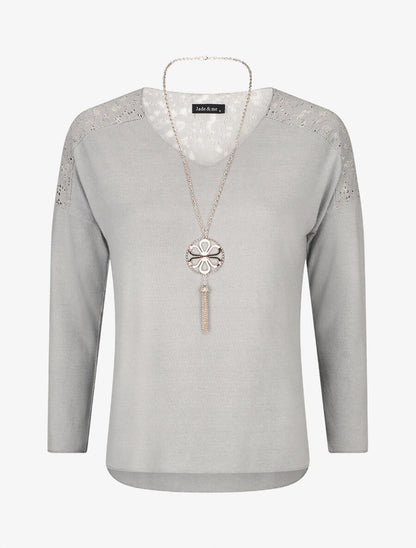 Pull droit à épaules en dentelle - Gris - 5