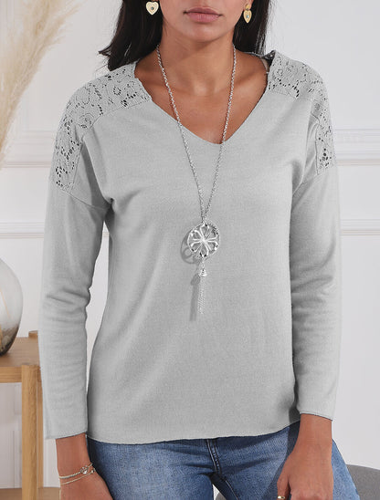 Pull droit à épaules en dentelle - Gris - 4