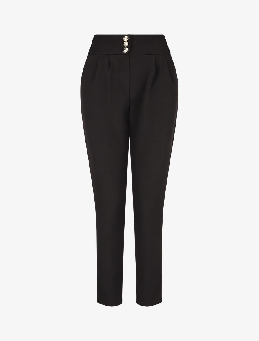 Pantalon uni à taille élastiquée - Noir - 1