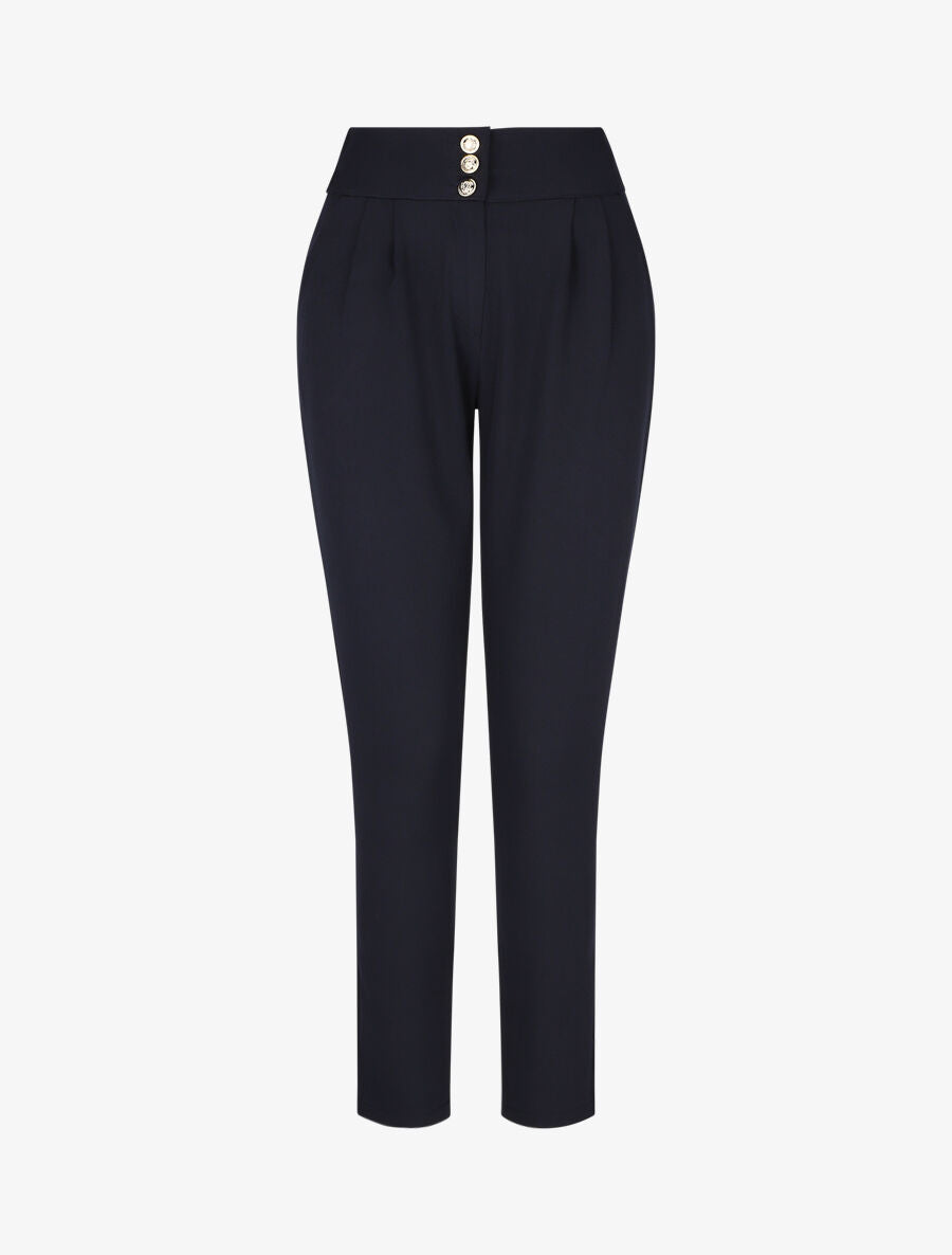 Pantalon uni à taille élastiquée - Marine - 4