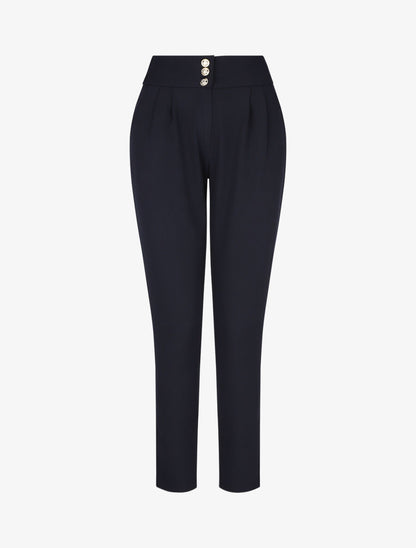 Pantalon uni à taille élastiquée - Marine - 4