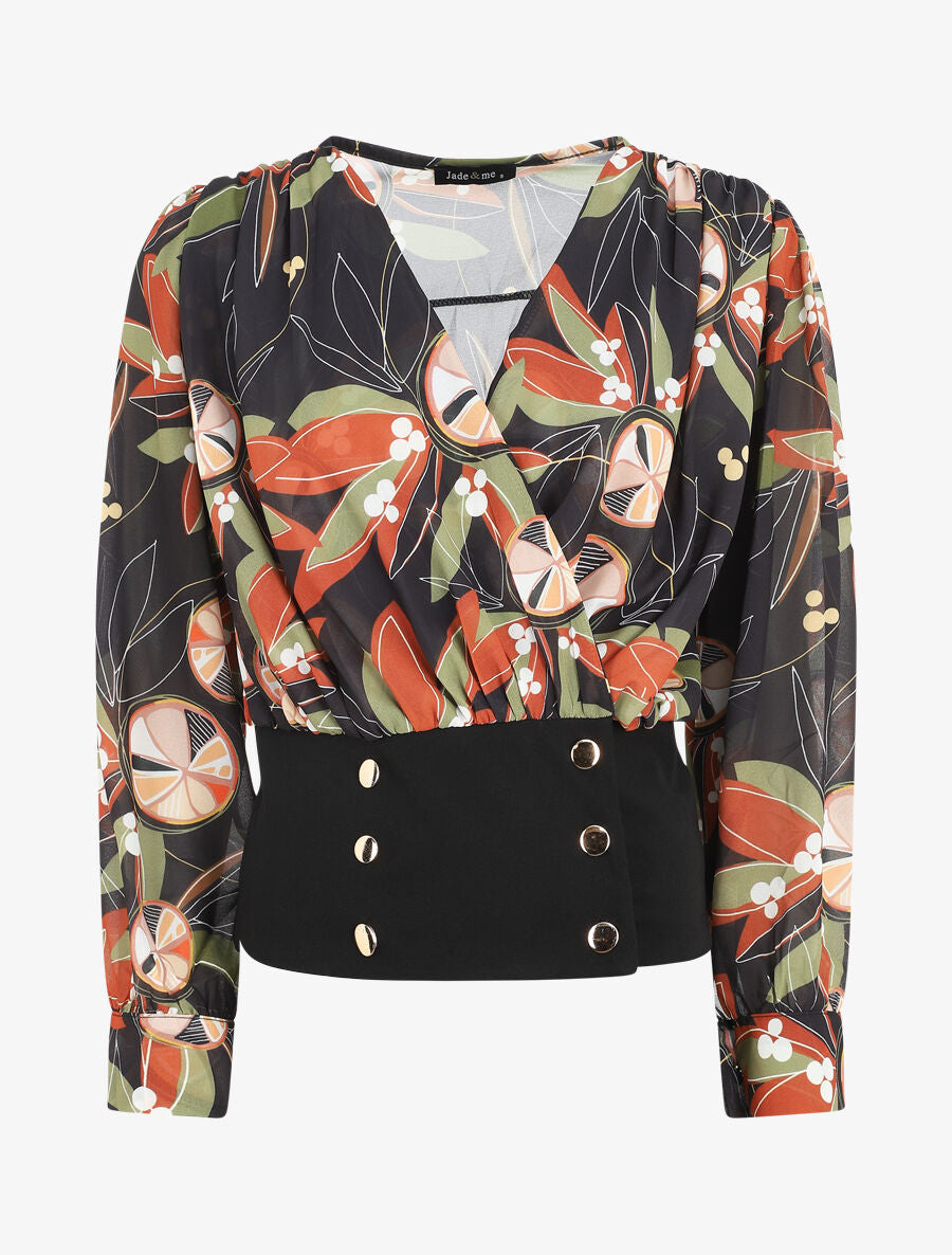 Blouse cache-coeur imprimée à boutons décoratifs - Noir - 1