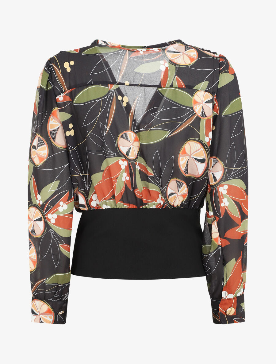 Blouse cache-coeur imprimée à boutons décoratifs - Noir - 2