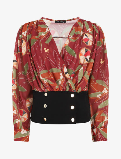 Blouse cache-coeur imprimée à boutons décoratifs - Bordeaux - 4
