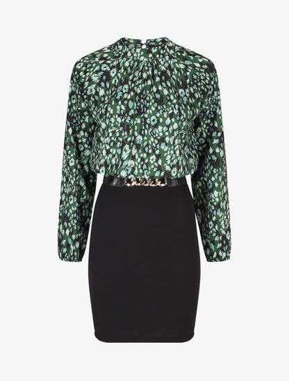 Robe bicolore à imprimé feuillage - Vert sapin - 1