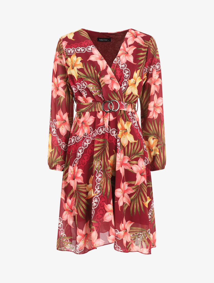 Robe mi-longue à imprimé tropical - Bordeaux - 1