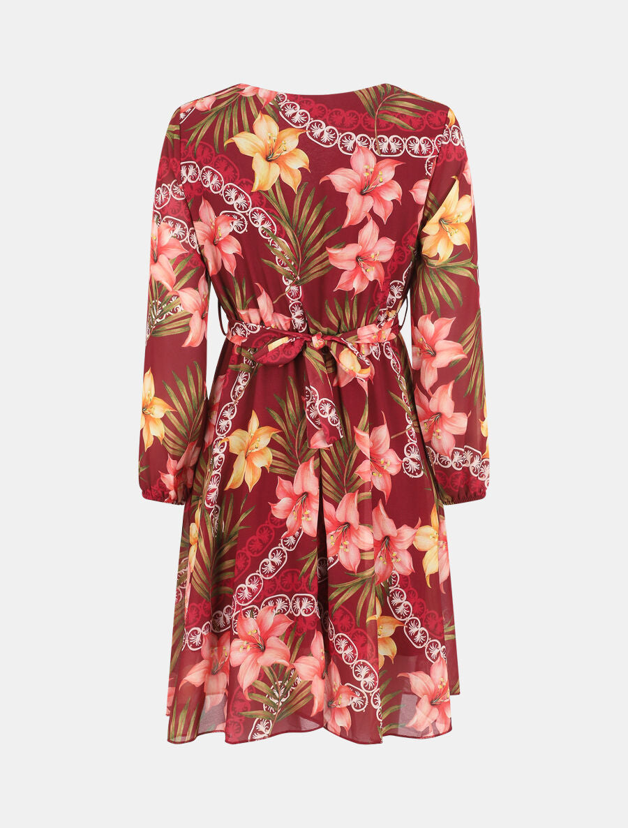 Robe mi-longue à imprimé tropical - Bordeaux - 2