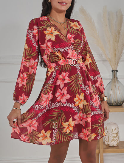 Robe mi-longue à imprimé tropical - Bordeaux - 4