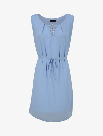 Robe en voile à col rond à détail anneaux - Bleu ciel - 4