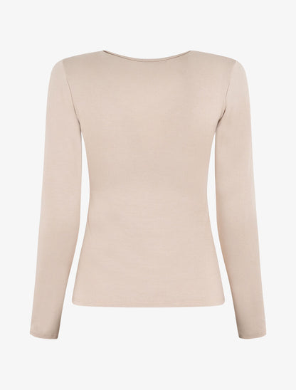 Top uni manches longues à col V - Beige - 2